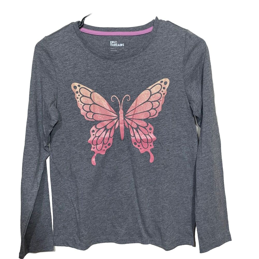 Epic Threads Butterfly Graphic Tee Girls Size L Gray Long Sleeve Glitter Shirt